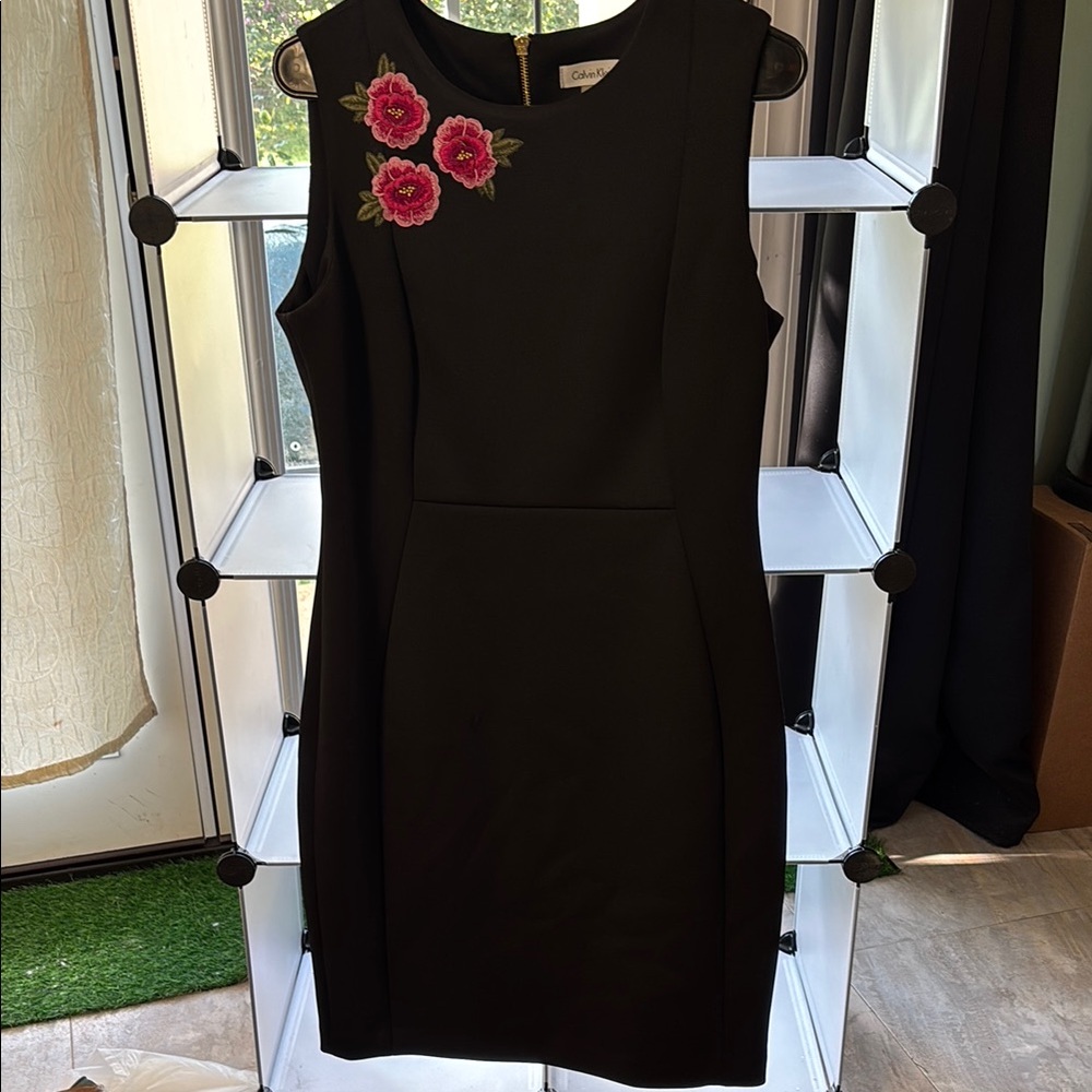 Calvin Klein Black Mini Dress with Red Floral Details